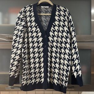 NA-KD Houndstooth Cardigan Blue White Preppy Chic Button Front Size S